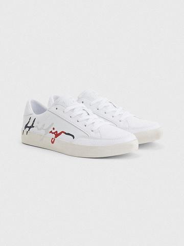 Női Tommy Hilfiger Bőr Signature Alkalmi Cipő Fehér | HU 591ZUT